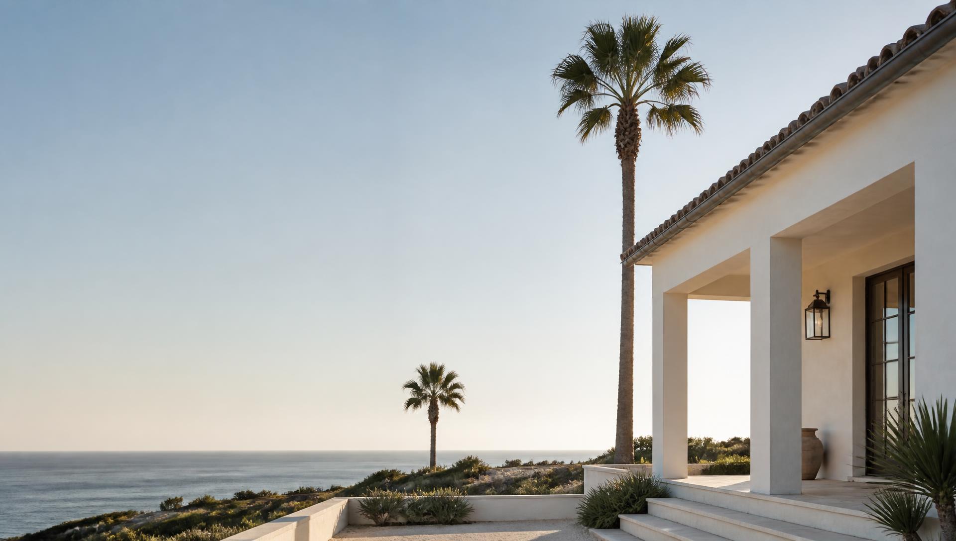 Coastal home with columns and palm trees overlooking the ocean