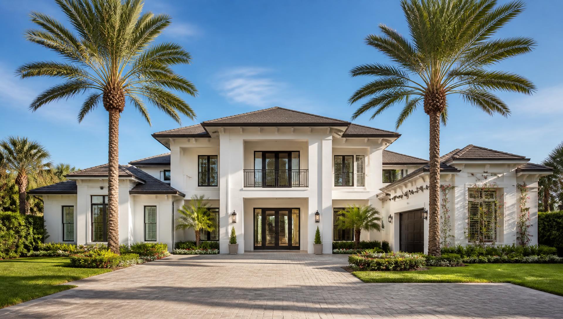 Frontal view of a luxury coastal home with palm trees