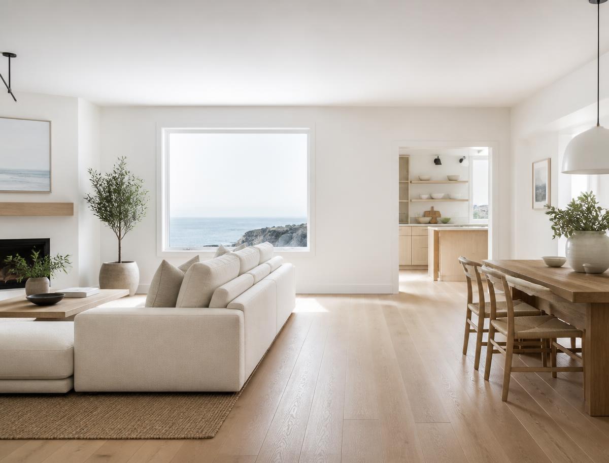Minimal renovated coastal living room with light oak floors